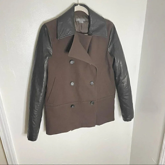 Vince Double Breasted Brown Pea Coat with Faux Leather Sleeves and Collar - Picture 3 of 9